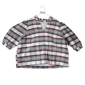 Crown & Ivy Opalescent Pink Plaid Blouse Women's Plus Size 3X Balloon Sleeves